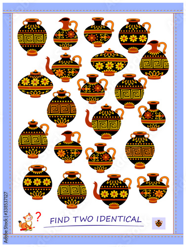Logic puzzle game for children and adults. Find two identical antique jugs. Printable page for kids brain teaser book. Developing spatial thinking skills. IQ training test. Flat vector cartoon image.