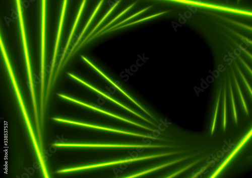 Green luminous neon triangular lines abstract technology background. Glowing illumination futuristic vector design