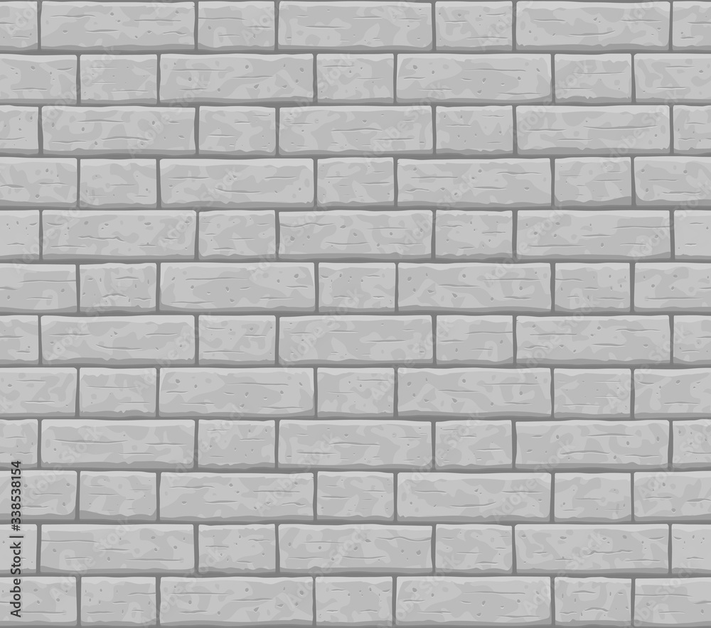 Fototapeta premium Brick wall seamless pattern background. Gray, light cartoon brick wall vector texture pattern illustration. Horizontal old seamless grey brick texture background.