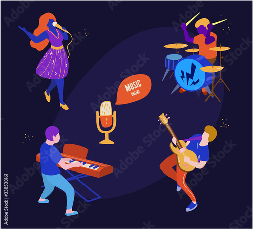 Illustration of a musical group wich playing jazz, rock and roll or other music. Evening show of musicians - singer, guitarist, drummer and pianist. Youth, music and dancing. 