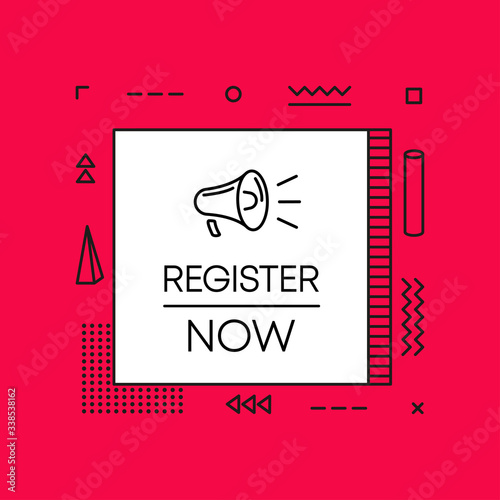 Geometry megaphone with register now speech bubble.  Banner for business, marketing and advertising on red background. Vector