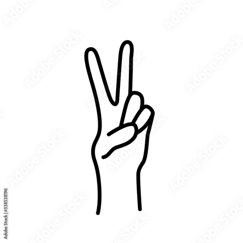 Peace sign. Victory sign. Hand gesture The V symbol of peace. Korean finger symbol for victory. Vector illustration on white background. Hand drawn design for print greeting cards, banner, poster