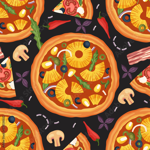 Italian cheese pineapple pizza vector illustration. Delicious tasty snack with chili pepper, olives, basil, onion and mushrooms seamless pattern. Flat design background.