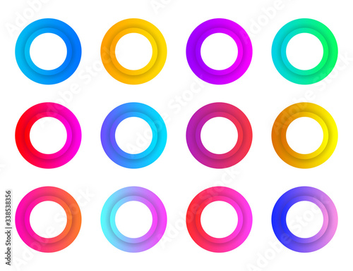 Collection circles bullet point button triangle flags isolated on white background. Colorful gradient markers. Vector