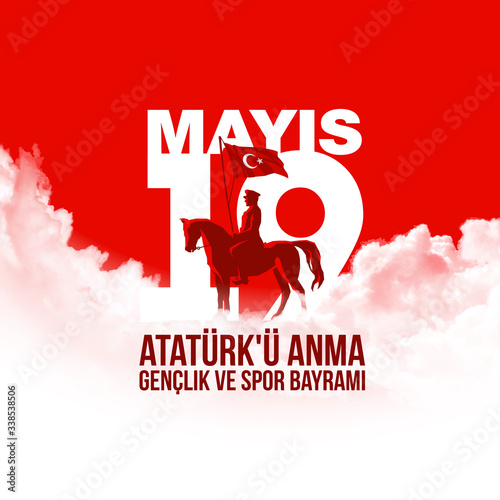 Turkish national holiday illustration banner 19 mayis Ataturk'u Anma, Genclik ve Spor Bayrami, tr: 19 may Commemoration Ataturk, Youth and Sports Day, White and red graphic design Turkish holiday card
