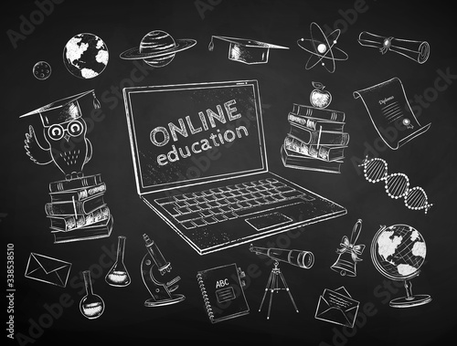 Chalk drawn set of online education items