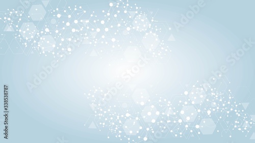 Science network pattern, connecting lines and dots. Technology hexagons structure or molecular connect elements.