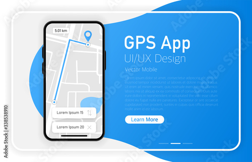 GPS App. Smartphone blank screen. Modern design. Device mockup. UI and UX design interface. Gradient background. Vector