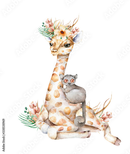 Poster with cute giraffe and mouse lemur. Watercolor cartoon giraffe tropical animal illustration. Jungle exotic summer design photo