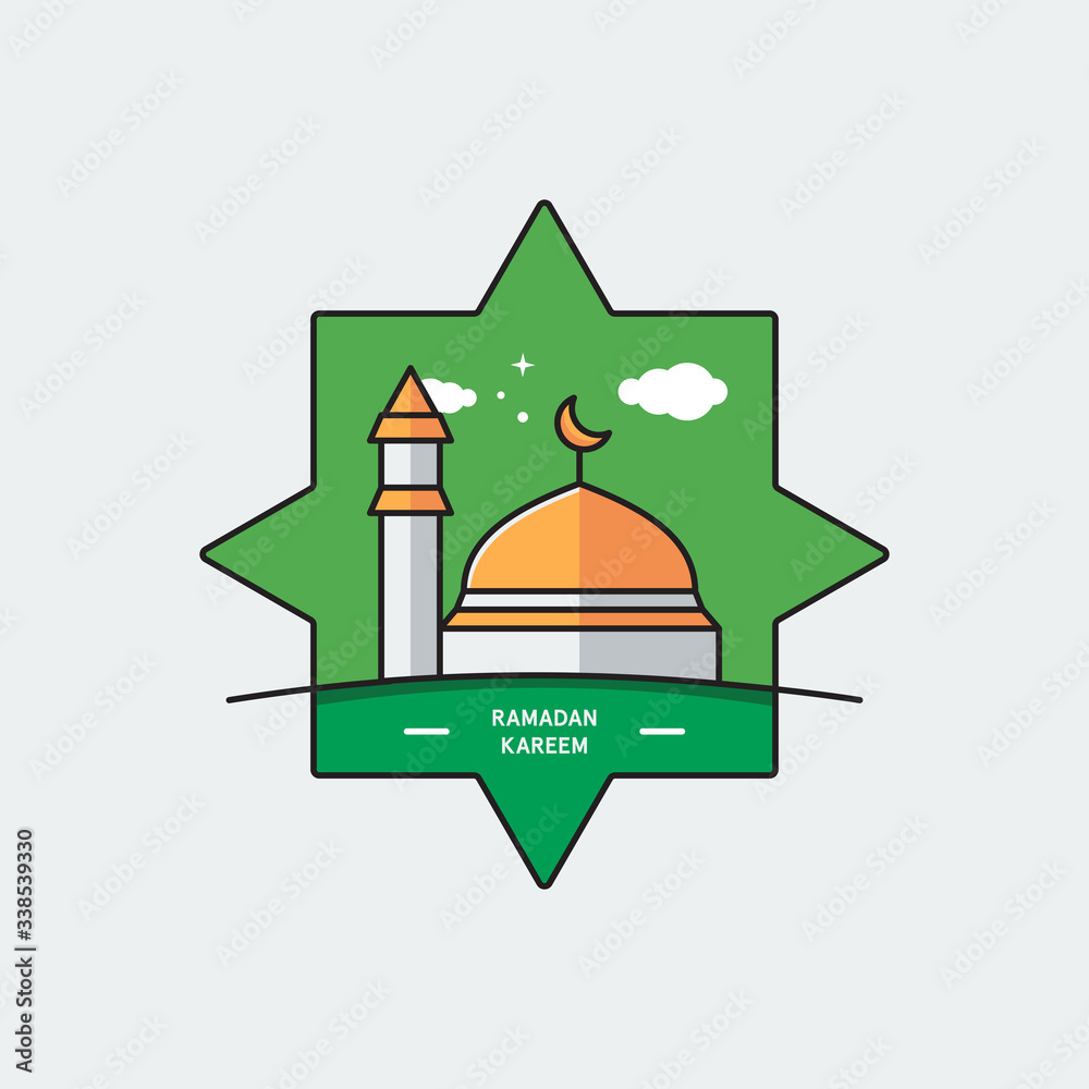 Obraz premium Flat Illustration Vector Graphic of Simple Mosque with Islamic Background. Perfect for Brochure, Template, Banner, etc.
