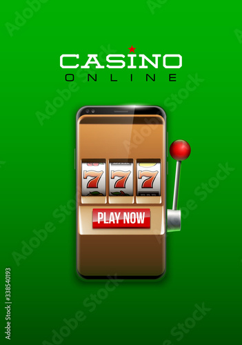 Illustration banner of mobile online casino application with 777 big win slot machine. Realistic advertising poster with online mobile app casino and Jackpot 777. Play now in One Armed Bandit banner