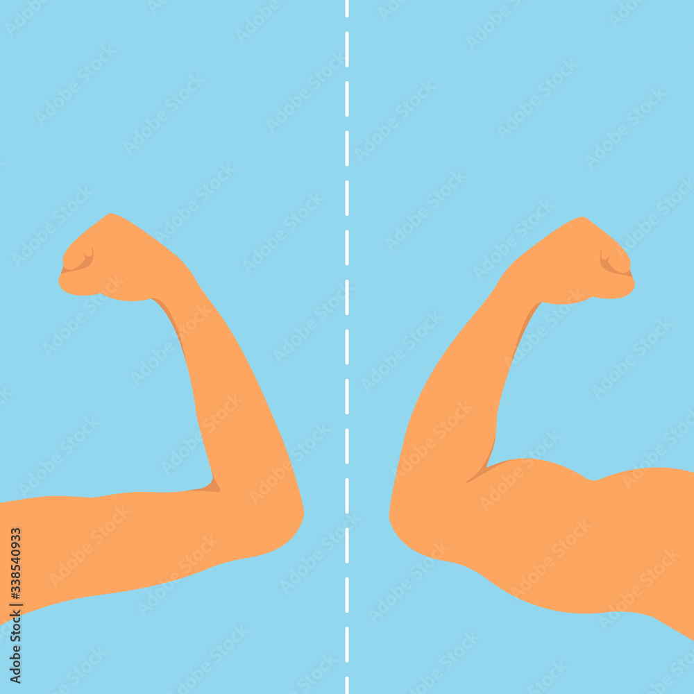 Man flexing biceps muscles on strong and weak arms. Before and after fitness training result