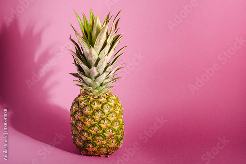 Fresh sweet pineapple on pastel pink purple background with hard shadow, angle view copy space