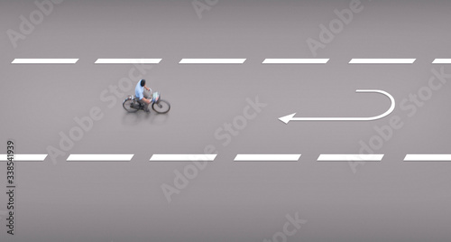 Design with cyclist on cycling path, with arrow sign in front, indicating turning back, restarting