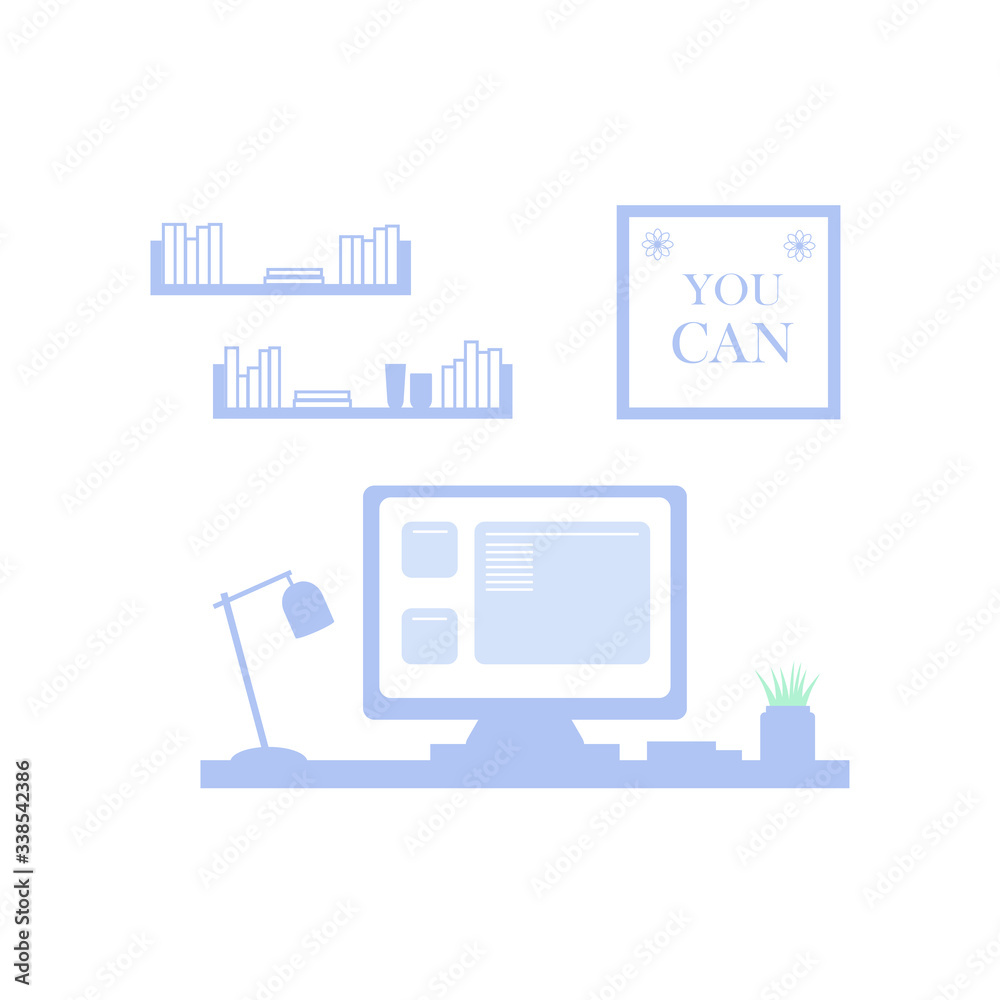 Working place with computer, flat design of home office. Blue monochromatic illustration for website. Freelancer workplace, remote work. Working place with computer, flat design of home office. Blue monochromatic illustration for website. Freelancer workplace, remote work.
