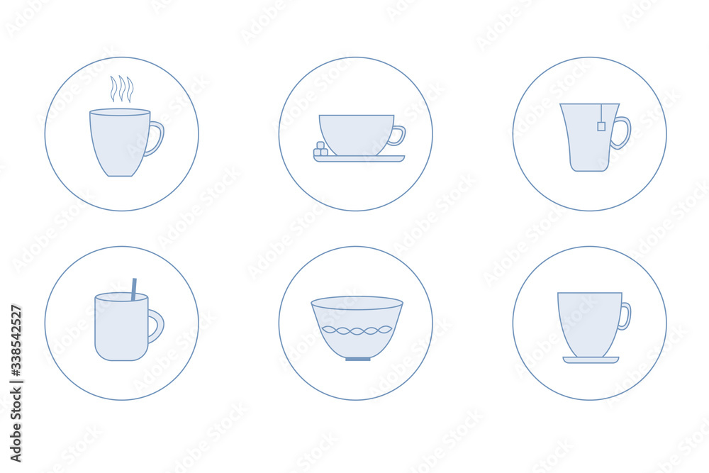 set of blue cups, flat icons. Outline style cups. Design logo for visit card, simple logo.