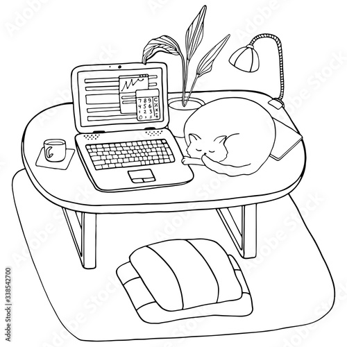 Remote work concept. Home office workplace with laptop, plant, mug of coffee and cat on table. Hand drawn vector contour illustration. Stay at home, quarantine and self-isolation time, freelance print