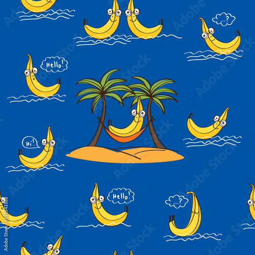 Cool seamless pattern with hand drawn cute banana in a hammock on beach under two palm tree. Background for fashion, wallpapers, print, textile, gift wrap and scrapbook. Vector illustration.
