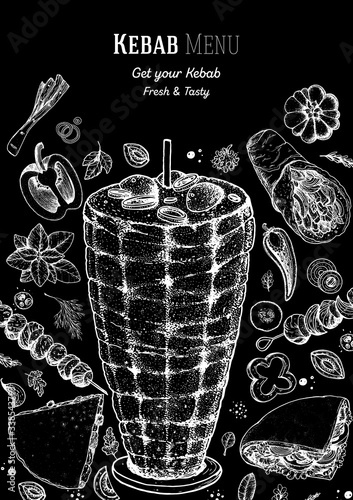 Doner kebab and ingredients for kebab, sketch illustration. Arabic cuisine frame. Fast food menu design elements. Shawarma hand drawn frame. Middle eastern food.