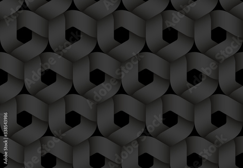 Black seamless pattern of hexagonal intertwined stripes. Vector dark repeating background illustration.