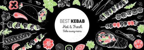 Doner kebab cooking and ingredients for kebab, sketch illustration. Arabic cuisine frame. Fast food menu design elements. Shawarma hand drawn frame. Middle eastern food.