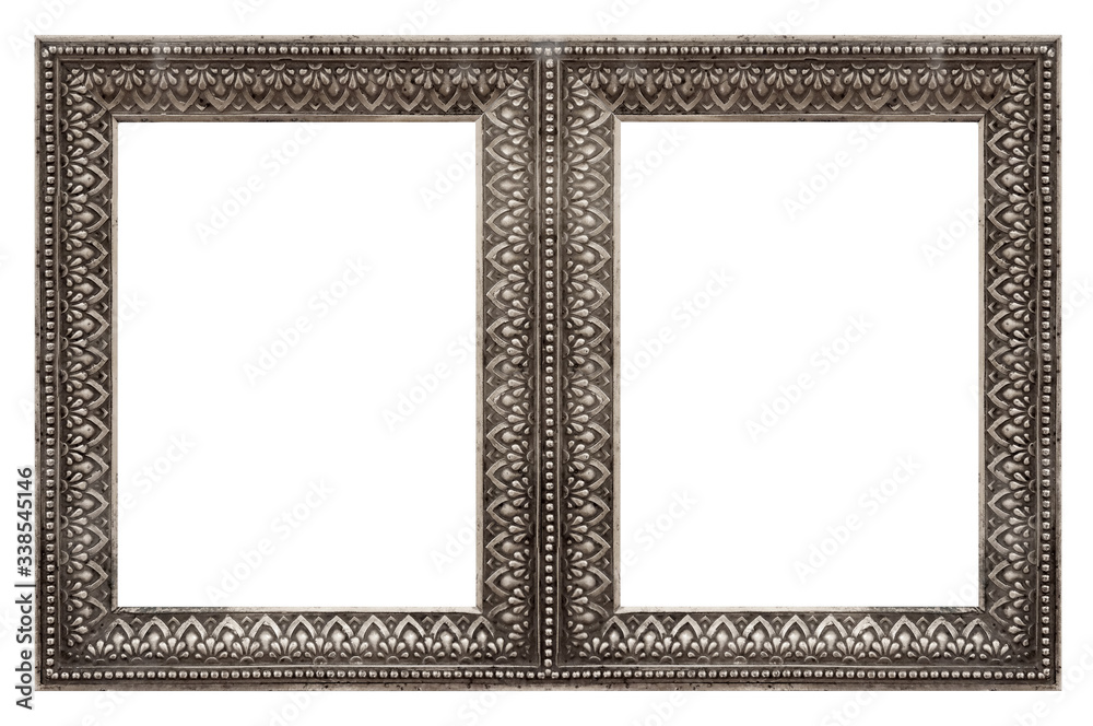 Fototapeta premium Double silver frame (diptych) for paintings, mirrors or photos isolated on white background