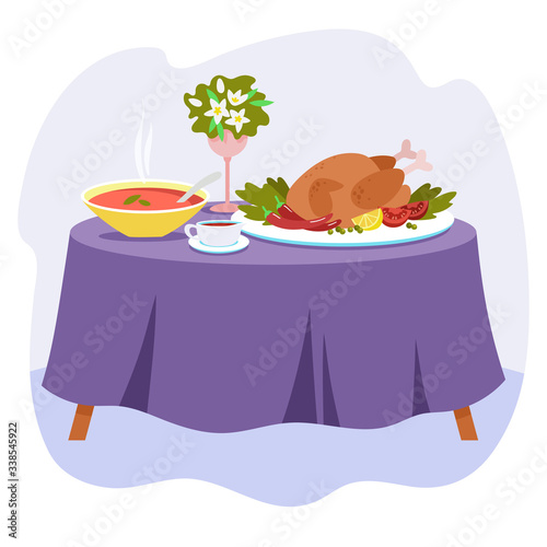 Two-course dinner on a table covered with a tablecloth. Soup and baked chicken with sauce. Vector illustration in flat style.