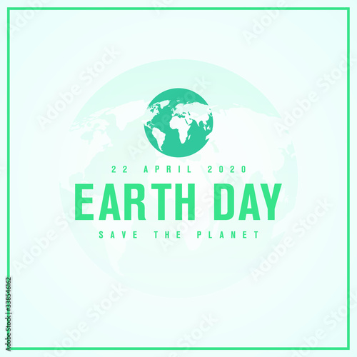 Earth day 22 April save the planet logo, sign, banner with blue text on a light background with a world map. 