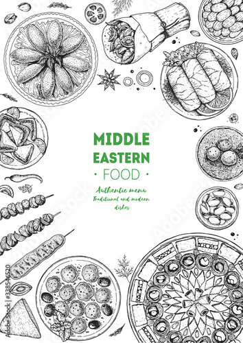 Middle eastern food top view frame. Food menu design with dolma, kibbeh, kebab, shawarma, baklava, meat balls . Vintage hand drawn sketch vector illustration.