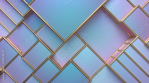 Pearlescent dynamic boxes with golden frames. Random pastel cubes. Motion design pattern. 3d loop animation. 4K seamless architectural composition. Abstract background