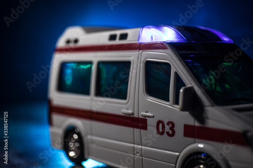 ambulance car on blured background. Ambulance auto paramedic emergency.