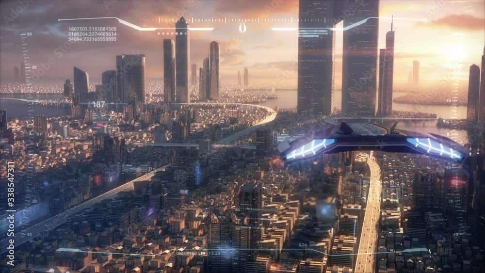 3D Hud Sunset City of the future