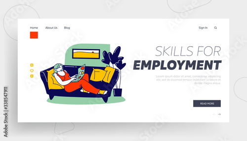 Freelance Self-employed Remote Occupation Landing Page Template. Relaxed Woman Freelancer, Outsourced Employee Character Lying on Couch Working Distant on Laptop from Home. Linear Vector Illustration