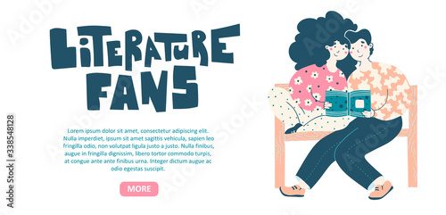 Book fans, literature lovers, couple young people reading in nature, on bench. Literature fan concept vector landing page template