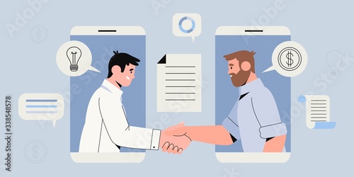 Two businessman settle contract with signing up contract and handshake. New profitable project start up sponsored by investor. Busines concept of two male characters in smartphone making deal.