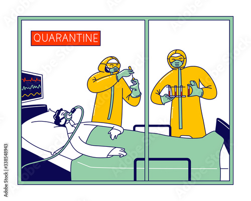 Doctor Characters Wear Protective Costumes Taking Blood Test from Diseased Patient Lying in Chamber with Artificial Lungs Ventilation Machine, Coronavirus Pandemic. Linear People Vector Illustration