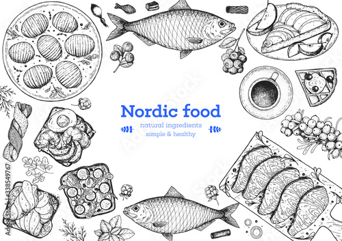 Scandinavian cuisine sketch collection. Hand drawn vector illustration. Food menu design template, engraved elements. Scandinavian food set. Smorgasbord illustration.