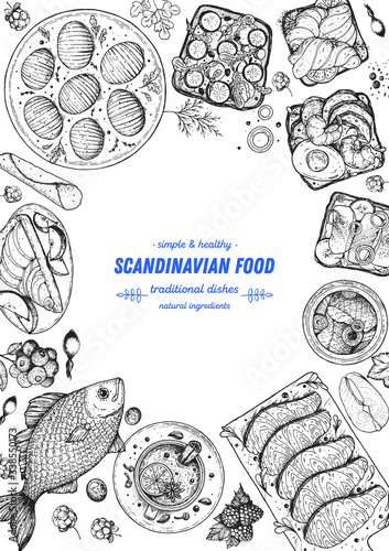 Scandinavian cuisine top view frame. Smorgasbord illustration. A set of Scandinavian dishes . Food menu design template. Vintage hand drawn sketch vector illustration. Engraved image