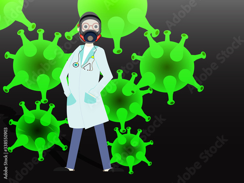 Doctor in mask on viruses background. Man in medical uniform and full face mask respirator to protect from virus during epidemic and pandemic