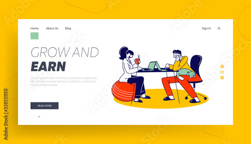 Remote Freelance Work, Self-employment Landing Page Template. Freelancers Sitting at Home Working Distant on Laptop. Creative Self-employed Characters Work Isolation. Linear People Vector Illustration