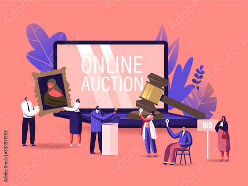 Online Auction Concept. Auctioneer, People Collectors Buying Assets in Internet. Tiny Male and Female Characters at Huge Laptop and Gavel Holding and Rising Bid Boards. Cartoon Vector Illustration