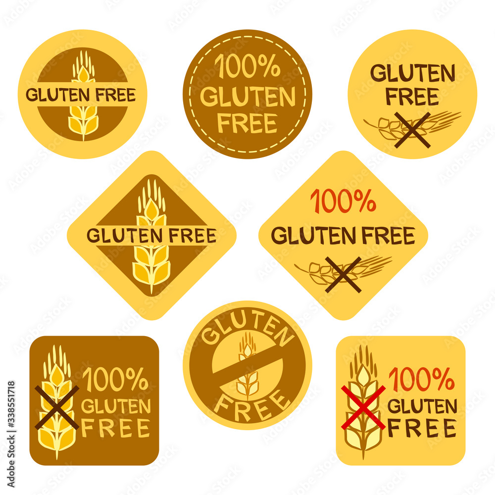 A set of stickers for gluten-free culinary products. Gluten free icons. Crossed spikelet of wheat. Vector logo for web design, banners and posters.