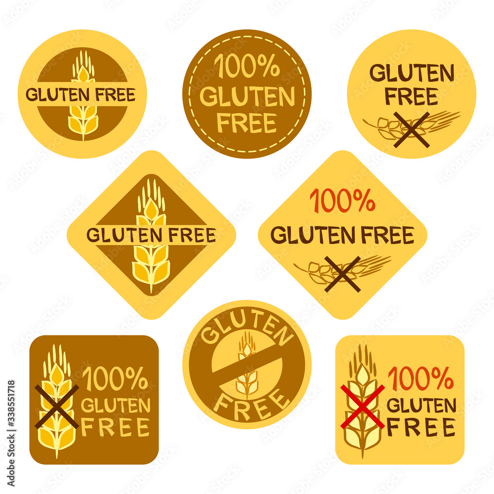 Fototapeta premium A set of stickers for gluten-free culinary products. Gluten free icons. Crossed spikelet of wheat. Vector logo for web design, banners and posters.