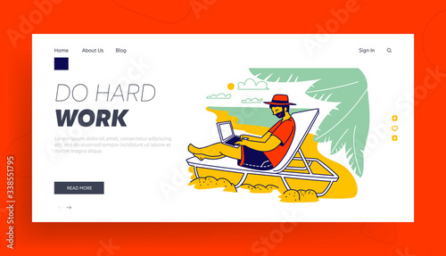 Freelancer or Distant Employee, Summer Vacation Landing Page Template. Businessman Character Sitting on Daybed under Palm Trees on Exotic Tropical Beach Working on Laptop. Linear Vector Illustration