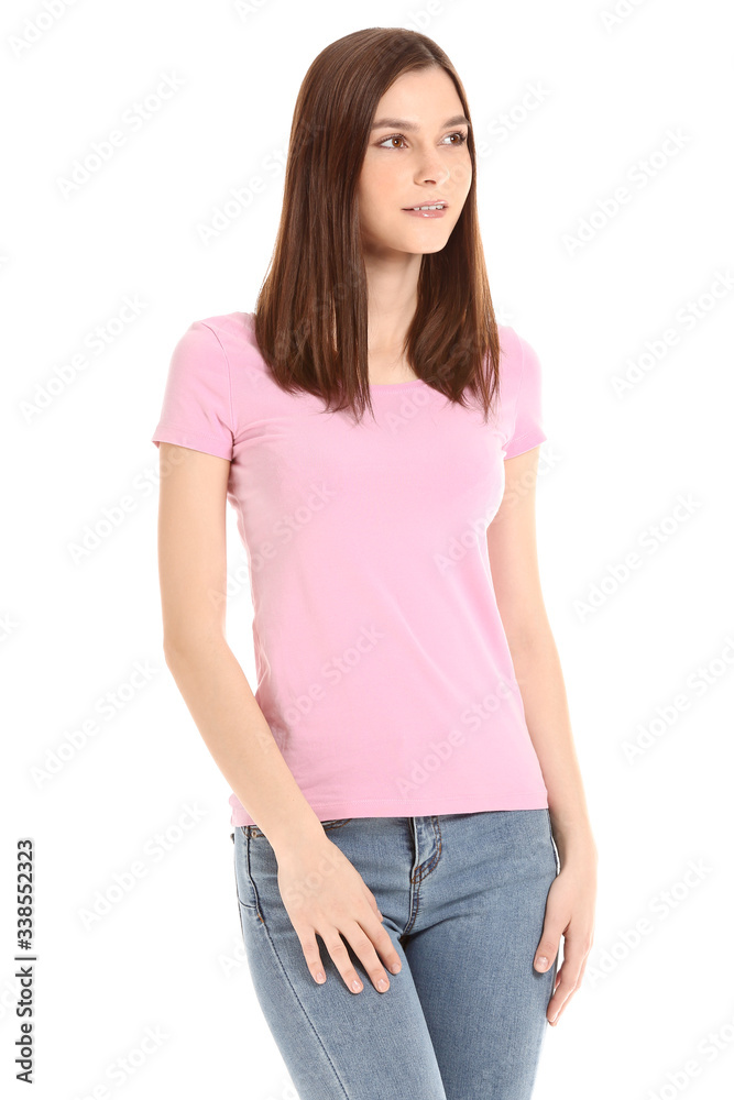 Woman in stylish t-shirt on white background Woman in stylish t-shirt on white background