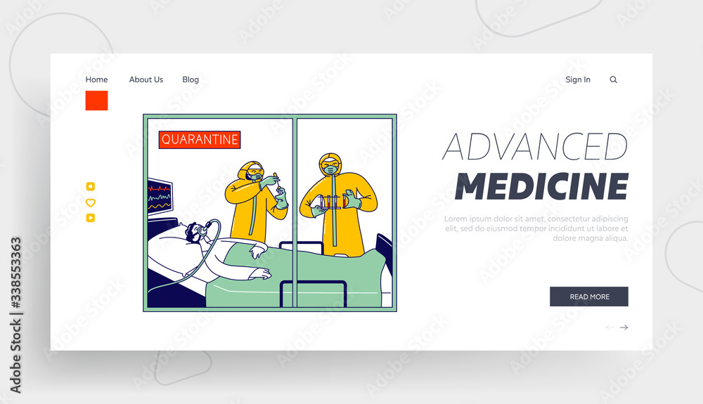 Coronavirus Pandemic Landing Page Template. Doctor Characters Wear Protective Costumes Taking Blood Test from Patient Lying on Artificial Lungs Ventilation Machine. Linear People Vector Illustration