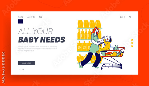 Naughty, Hyperactive Baby Character Landing Page Template. Hysterical Child Crying Loudly while Manipulating Mother Sitting in Shopping Trolley in Supermarket. Linear People Vector Illustration