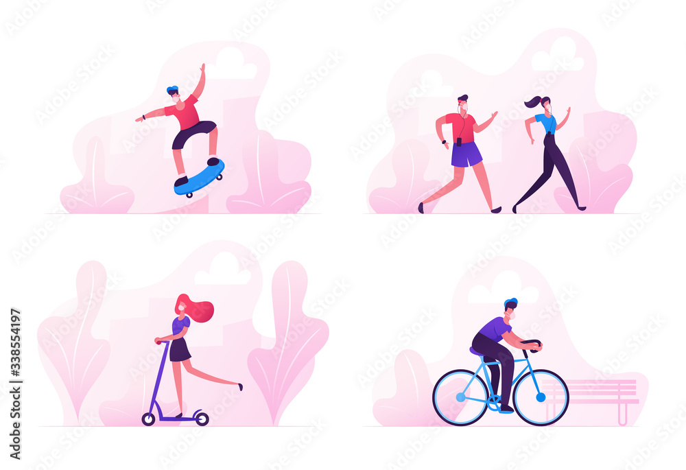 Set Characters Sports Activity during Covid 19 Quarantine. Teenager Making Tricks on Skateboard, People Jogging in Park, Riding Scooter, Driving Bicycle, Healthy Lifestyle. Cartoon Vector Illustration