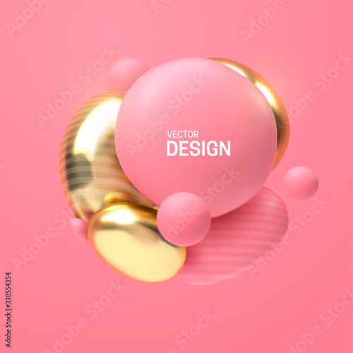 Abstract composition with 3d soft body cluster. Colorful glossy bubbles. Vector realistic illustration of pink and golden balls. Trendy banner or poster design. Futuristic background with spheres