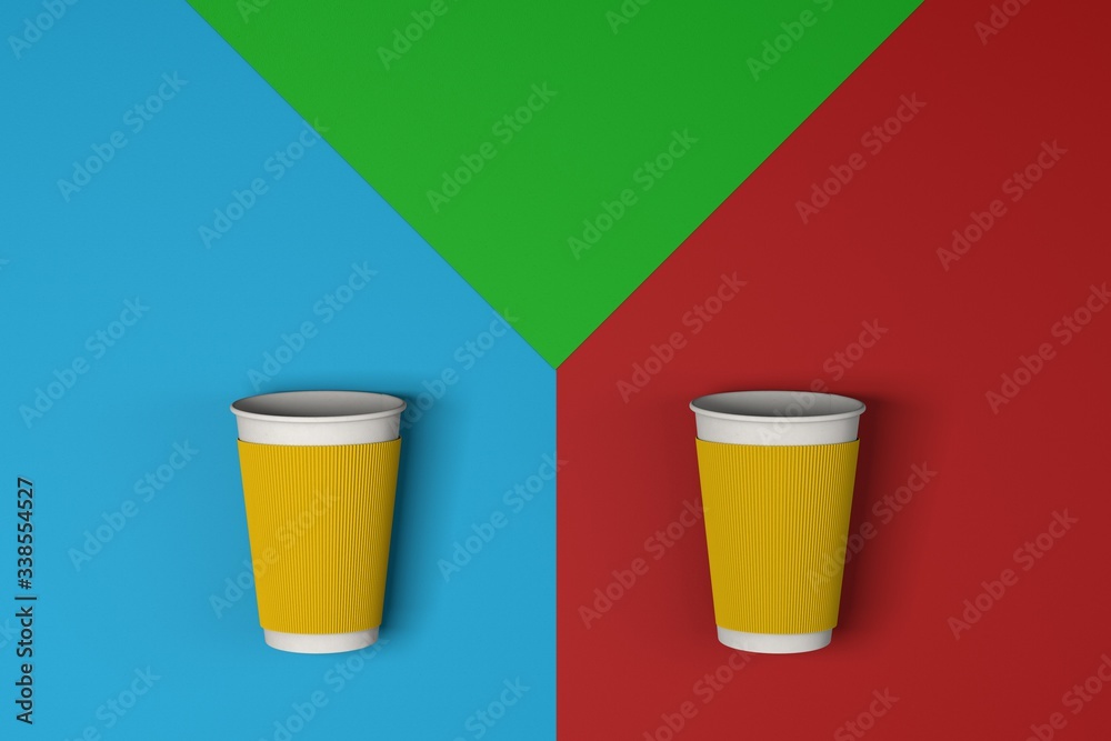 take away coffee cup on colorful paper red blue green background take away coffee cup on colorful paper red blue green background